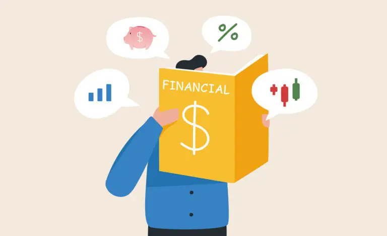 Financial literacy and investment. Handbook of knowledge in money management. Stock market. A young man or businessman reading a financial manual.