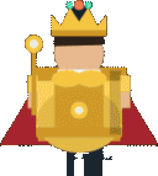 O Rei, o estatuto do gestor na Aldeia Lucrar: roupa dourada, manto vermelho, coroa de cinco pontas e ceptro