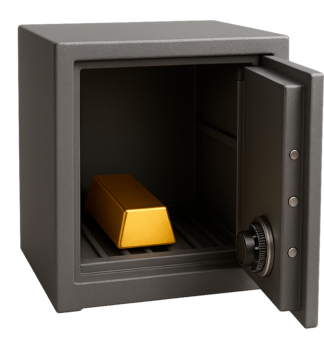 Open safe with a gold bar inside