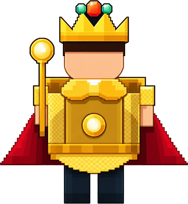 The King, the manager's status in Aldeia Lucrar: golden clothes, red cloak, five-pointed crown and sceptre
